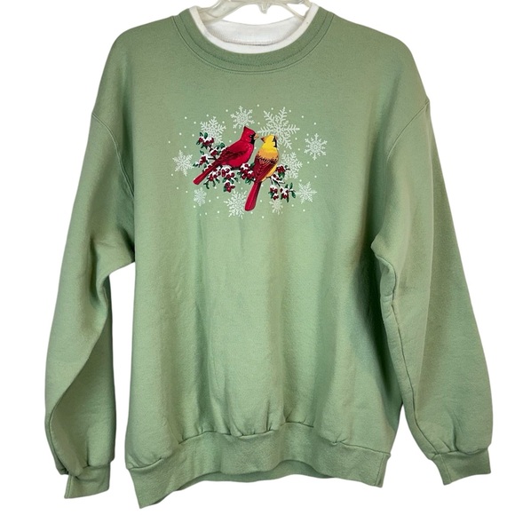 Vintage Tops - Vintage Sage Green Cardinal Bird Winter Sweatshirt L